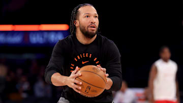 Dec 23, 2024; New York, New York, USA; New York Knicks guard Jalen Brunson (11) warms up before a game against the Toronto Raptors at Madison Square Garden. Mandatory Credit: Brad Penner-Imagn Images