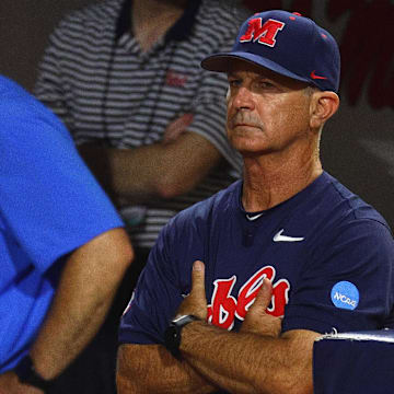 Jun 1, 2025; Oxford, MS, USA; Mississippi Rebels head coach Mike Bianco looks on during the ninth inning against the Murray State Racers. Mandatory Credit: Petre Thomas-Imagn Images