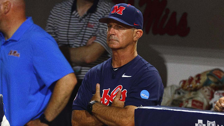Jun 1, 2025; Oxford, MS, USA; Mississippi Rebels head coach Mike Bianco looks on during the ninth inning against the Murray State Racers. Mandatory Credit: Petre Thomas-Imagn Images