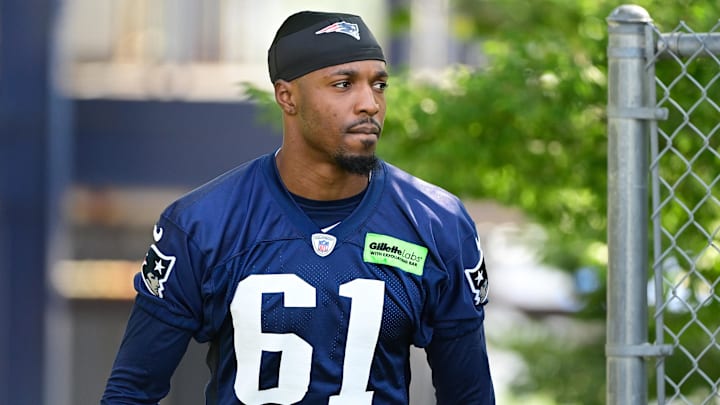 Jul 26, 2023; Foxborough, MA, USA; New England Patriots cornerback Ameer Speed (61) makes his way to the practice fields for  training camp at Gillette Stadium. Mandatory Credit: Eric Canha-Imagn Images
