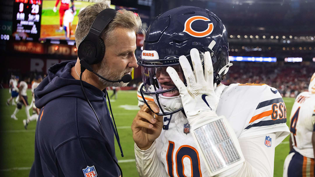 Nov 3, 2024; Glendale, Arizona, USA; Chicago Bears quarterback Caleb Williams (18) reacts with head coach 
Matt Eberflus following the game against the Arizona Cardinals at State Farm Stadium. Mandatory Credit: Mark J. Rebilas-Imagn Images