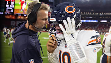 Nov 3, 2024; Glendale, Arizona, USA; Chicago Bears quarterback Caleb Williams (18) reacts with head coach 
Matt Eberflus following the game against the Arizona Cardinals at State Farm Stadium. Mandatory Credit: Mark J. Rebilas-Imagn Images