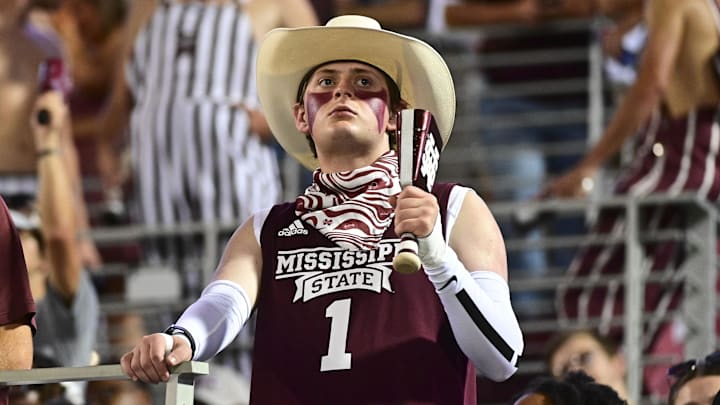 A Mississippi State Bulldogs fan reacts after a play during the second quarter of the game against the Toledo Rockets at Davis Wade Stadium at Scott Field. 