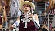 A Mississippi State Bulldogs fan reacts after a play during the second quarter of the game against the Toledo Rockets at Davis Wade Stadium at Scott Field.