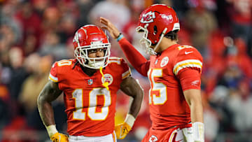 Nov 27, 2022; Kansas City, Missouri, USA; Kansas City Chiefs running back Isiah Pacheco (10) is congratulated by quarterback Patrick Mahomes (15) during the second half against the Los Angeles Rams at GEHA Field at Arrowhead Stadium. Mandatory Credit: Jay Biggerstaff-Imagn Images
