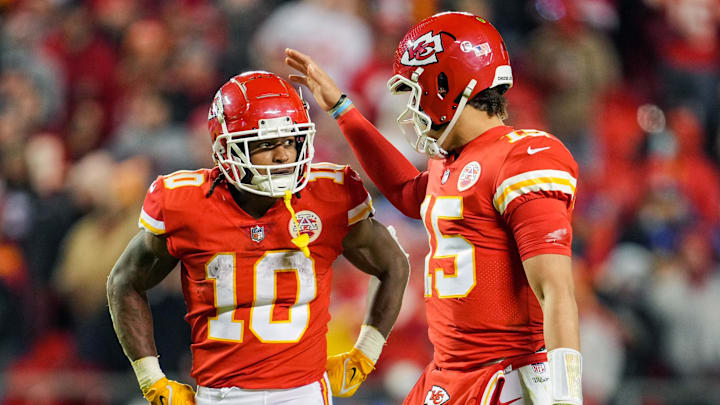 Nov 27, 2022; Kansas City, Missouri, USA; Kansas City Chiefs running back Isiah Pacheco (10) is congratulated by quarterback Patrick Mahomes (15) during the second half against the Los Angeles Rams at GEHA Field at Arrowhead Stadium. Mandatory Credit: Jay Biggerstaff-Imagn Images