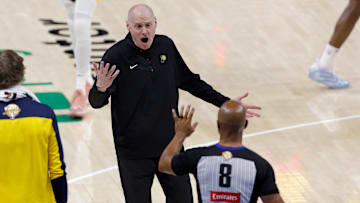 Jun 16, 2025; Oklahoma City, Oklahoma, USA; Indiana Pacers head coach Rick Carlisle argues a call with referee Marc Davis (8) during the fourth quarter against the Oklahoma City Thunder in game five of the 2025 NBA Finals at Paycom Center. Mandatory Credit: Alonzo Adams-Imagn Images