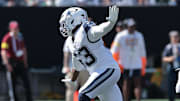 Oct 5, 2025; East Rutherford, New Jersey, USA; Dallas Cowboys defensive end James Houston (53) reacts after a sack against the New York Jets during the first half at MetLife Stadium. Mandatory Credit: Vincent Carchietta-Imagn Images