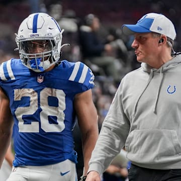 Indianapolis Colts running back Jonathan Taylor (28) leaves the field Saturday, Jan. 6, 2024, during a game against the Houston Texans at Lucas Oil Stadium in Indianapolis.