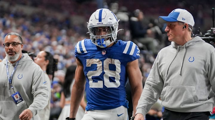 Indianapolis Colts running back Jonathan Taylor (28) leaves the field Saturday, Jan. 6, 2024, during a game against the Houston Texans at Lucas Oil Stadium in Indianapolis.