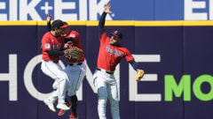 Apr 21, 2024; Cleveland, Ohio, USA; Cleveland Guardians outfielders Steven Kwan, Ramón Laureano and Will Brennan.