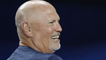 Jun 21, 2025; Miami, Florida, USA;  Atlanta Braves manager Brian Snitker (43) smiles in the dugout against the Miami Marlins before the game at loanDepot Park. Mandatory Credit: Rhona Wise-Imagn Images