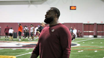 FSU offensive line coach Alex Atkins at a Tour of Duty conditioning workout on Feb. 13, 2020.

Img 5128