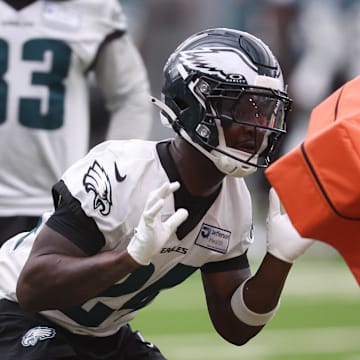 May 28, 2025; Philadelphia, PA, USA; Philadelphia Eagles safety Andrew Mukuba (24) practices during OTAs at NovaCare Complex. Mandatory Credit: Bill Streicher-Imagn Images