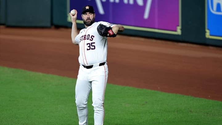 Houston Astros starting pitcher Justin Verlander (35) works out prior to the game against the Tampa Bay Rays at Minute Maid Park on Aug 4.