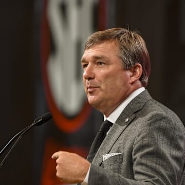 Jul 18, 2023; Nashville, TN, USA;  Georgia Bulldogs head coach Kirby Smart speaks with the media during SEC Media Days at Grand Hyatt. Mandatory Credit: Steve Roberts-Imagn Images
