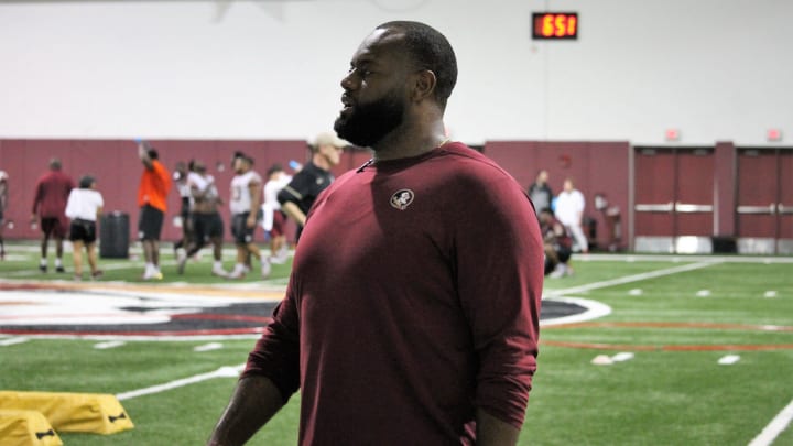 FSU offensive line coach Alex Atkins at a Tour of Duty conditioning workout on Feb. 13, 2020. Img 5128