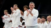 Mar 12, 2025; Charlotte, NC, USA; Stanford Cardinal head coach Kyle Smith reacts in the first half at Spectrum Center. Mandatory Credit: Bob Donnan-Imagn Images