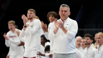 Mar 12, 2025; Charlotte, NC, USA; Stanford Cardinal head coach Kyle Smith reacts in the first half at Spectrum Center. Mandatory Credit: Bob Donnan-Imagn Images