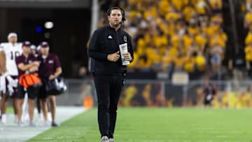 Sep 7, 2024; Tempe, Arizona, USA; Mississippi State Bulldogs head coach Jeff Lebby against the Arizona State Sun Devils at Mountain America Stadium. Mandatory Credit: Mark J. Rebilas-Imagn Images