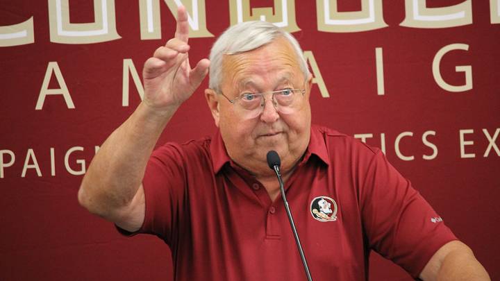 The voice of the Seminoles Gene Deckerhoff at the Unconquered Campaign announcement.