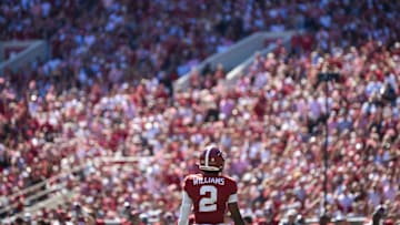 Oct 12, 2024; Tuscaloosa, Alabama, USA; Alabama Crimson Tide wide receiver Ryan Williams (2) looks toward the crowd during the fourth quarter at Bryant-Denny Stadium. Mandatory Credit: Will McLelland-Imagn Images