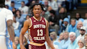 Jan 25, 2025; Chapel Hill, North Carolina, USA;  Boston College Eagles guard Donald Hand Jr. (13) brings the ball up the court in the first half at Dean E. Smith Center. Mandatory Credit: Bob Donnan-Imagn Images