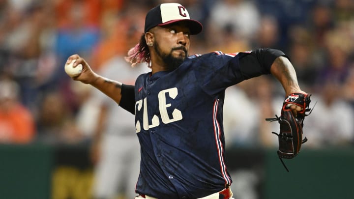 Aug 2, 2024; Cleveland, Ohio, USA; Cleveland Guardians relief pitcher Emmanuel Clase (48) throws a pitch during the ninth inning against the Baltimore Orioles at Progressive Field.