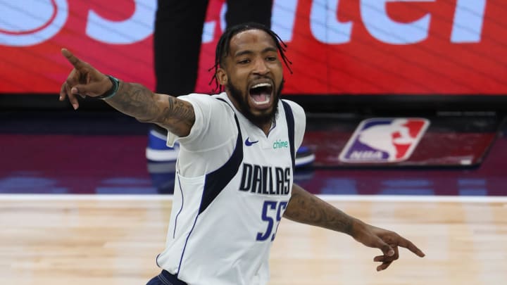 May 30, 2024; Minneapolis, Minnesota, USA; Dallas Mavericks forward Derrick Jones Jr. (55) reacts after a play during the second quarter in game five of the western conference finals for the 2024 NBA playoffs against the Minnesota Timberwolves at Target Center. Mandatory Credit: Jesse Johnson-USA TODAY Sports