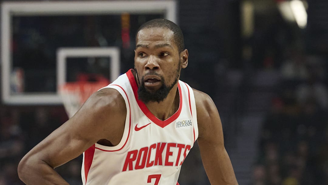 Jan 9, 2026; Portland, Oregon, USA; Houston Rockets forward Kevin Durant (7) drives to the basket during the first half against the Portland Trail Blazers at Moda Center. Mandatory Credit: Troy Wayrynen-Imagn Images