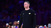 January 15, 2025; Los Angeles, California, USA; Los Angeles Lakers head coach JJ Redick watches game action against the Miami Heat during the first half at Crypto.com Arena. Mandatory Credit: Gary A. Vasquez-Imagn Images