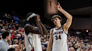 Gonzaga Bulldogs Graham Ike (15) and Braden Huff (34).
