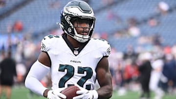 Aug 15, 2024; Foxborough, MA, USA; Philadelphia Eagles cornerback Kelee Ringo (22) warms up before a game against the New England Patriots at Gillette Stadium. Mandatory Credit: Eric Canha-Imagn Images