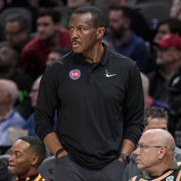 Mar 21, 2023; Atlanta, Georgia, USA; Detroit Pistons head coach Dwane Casey watches the action against the Atlanta Hawks during the first half at State Farm Arena. Mandatory Credit: Dale Zanine-USA TODAY Sports