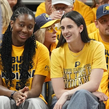 Jun 11, 2025; Indianapolis, Indiana, USA; Caitlin Clark attends game three of the 2025 NBA Finals between the Oklahoma City Thunder and the Indiana Pacers at Gainbridge Fieldhouse. Mandatory Credit: Kyle Terada-Imagn Images