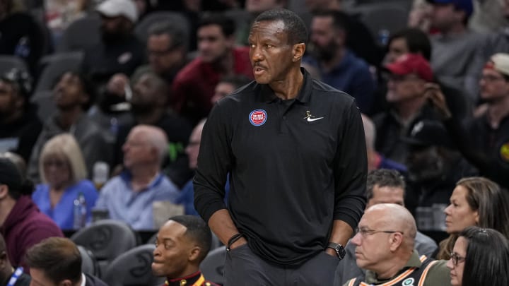 Mar 21, 2023; Atlanta, Georgia, USA; Detroit Pistons head coach Dwane Casey watches the action against the Atlanta Hawks during the first half at State Farm Arena. Mandatory Credit: Dale Zanine-USA TODAY Sports