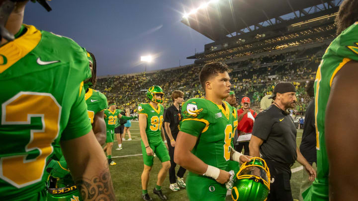 Oregon Ducks quarterback Dillon Gabriel walks off the field after the game as the Oregon Ducks host the Idaho Vandals Saturday, Aug. 31, 2024 at Autzen Stadium in Eugene, Ore.