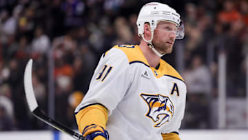 Mar 14, 2025; Anaheim, California, USA; Nashville Predators center Steven Stamkos (91) skates against the Anaheim Ducks during the first period at Honda Center. Mandatory Credit: Ryan Sun-Imagn Images
