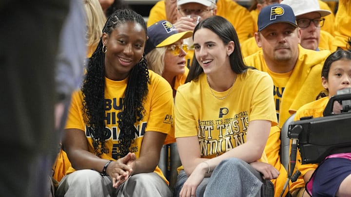 Caitlin Clark attends game three of the 2025 NBA Finals between the Oklahoma City Thunder and the Indiana Pacers