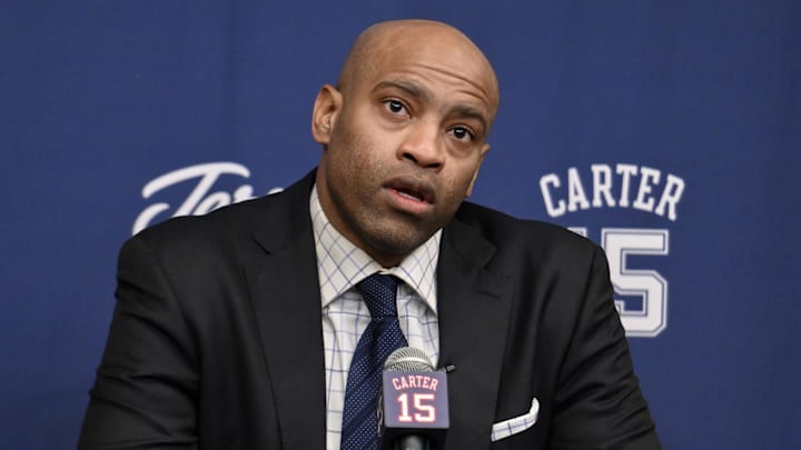 Jan 25, 2025; Brooklyn, New York, USA; Former NBA star Vince Carter speaks at a jersey retirement press conference before a game between the Brooklyn Nets and the Miami Heat at Barclays Center. Mandatory Credit: John Jones-Imagn Images