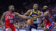 Dec 16, 2022; Philadelphia, Pennsylvania, USA; Philadelphia 76ers guard James Harden (1) and guard Shake Milton (18) steal the ball from Golden State Warriors forward Jonathan Kuminga (00) during the second quarter at Wells Fargo Center. Mandatory Credit: Bill Streicher-Imagn Images