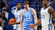 Dec 2, 2025; Lexington, Kentucky, USA; North Carolina Tar Heels center Henri Veesaar (13) celebrates a basket during the second half against the Kentucky Wildcats at Rupp Arena at Central Bank Center. Mandatory Credit: Jordan Prather-Imagn Images