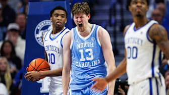 Dec 2, 2025; Lexington, Kentucky, USA; North Carolina Tar Heels center Henri Veesaar (13) celebrates a basket during the second half against the Kentucky Wildcats at Rupp Arena at Central Bank Center. Mandatory Credit: Jordan Prather-Imagn Images