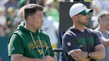 Green Bay Packers general manager Brian Gutekunst, left and head coach Matt LaFleur are shown during a joint practice with the Seattle Seahawks Thursday, August 21, 2025 in Green Bay, Wisconsin.