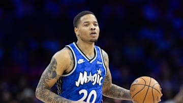 Apr 12, 2024; Philadelphia, Pennsylvania, USA; Orlando Magic guard Markelle Fultz (20) dribbles the ball against the Philadelphia 76ers during the second quarter at Wells Fargo Center. Mandatory Credit: Bill Streicher-Imagn Images