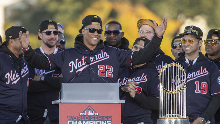 Nov 2, 2019; Washington, DC, USA; Washington Nationals left fielder Juan Soto (22) at World Series Championship Parade. Mandatory Credit: Brad Mills-Imagn Images