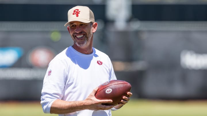 May 10, 2024; Santa Clara, CA, USA; San Francisco 49ers head coach Kyle Shanahan watches during the 49ers rookie minicamp at Levi’s Stadium in Santa Clara, CA. Mandatory Credit: Robert Kupbens-USA TODAY Sports