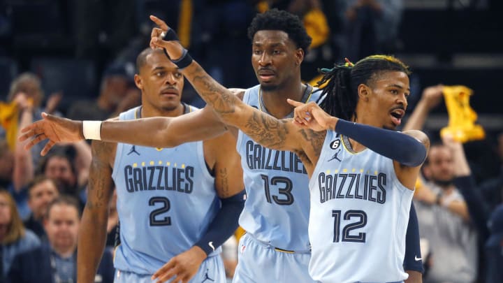 Memphis Grizzlies forward Jaren Jackson Jr. (13) and Memphis Grizzlies guard Ja Morant (12) react during the second half against the Los Angeles Lakers during game five of the 2023 NBA playoffs at FedExForum. Mandatory Credit: Petre Thomas-USA TODAY Sports