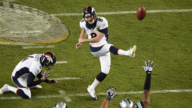 Denver Broncos kicker Brandon McManus (8) kicks a third quarter field goal in Super Bowl 50 at Levi's Stadium.