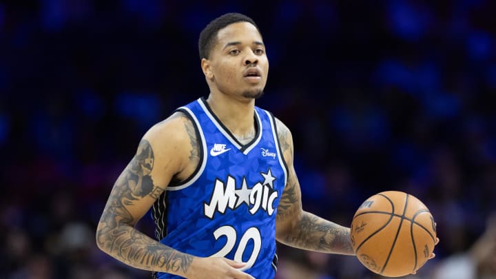 Apr 12, 2024; Philadelphia, Pennsylvania, USA; Orlando Magic guard Markelle Fultz (20) dribbles the ball against the Philadelphia 76ers during the second quarter at Wells Fargo Center. Mandatory Credit: Bill Streicher-USA TODAY Sports